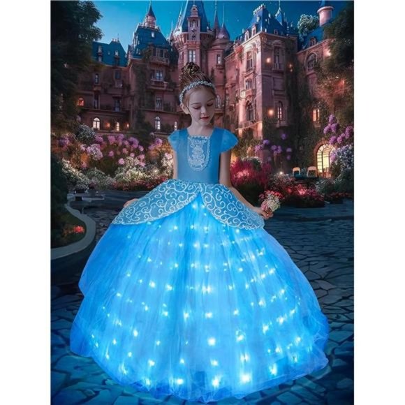 Girls Light Up Costume Blue Princess Dress Up Kids Outfit